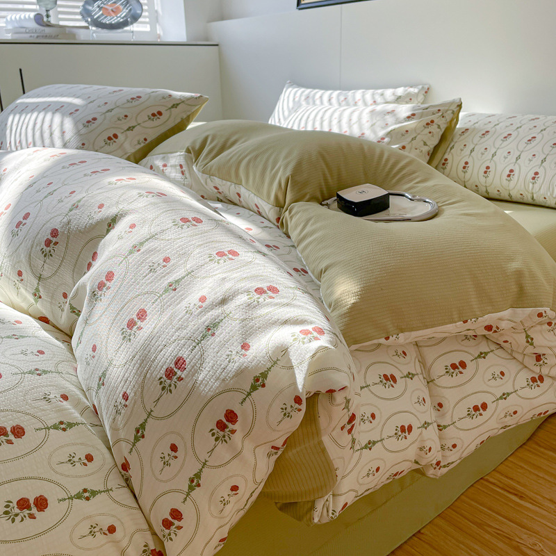 class a maternal and child-grade double-layer yarn cotton and linen bubble cotton four-piece set small fresh pastoral ins style double single bedding