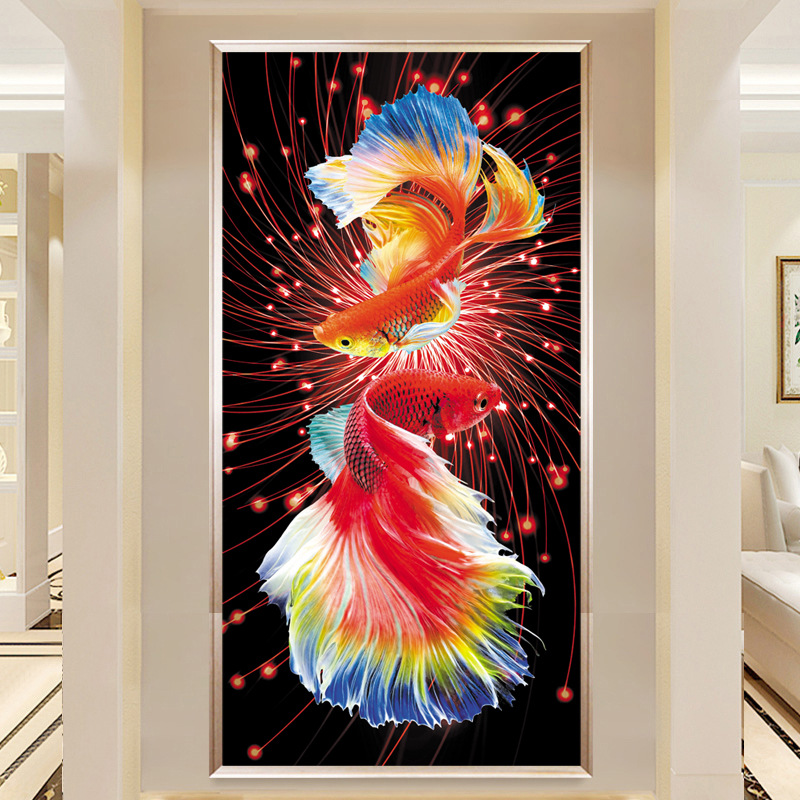 新款鱼十字绣火红锦鲤客厅招财聚财年年有余线绣满绣卧室玄关竖版