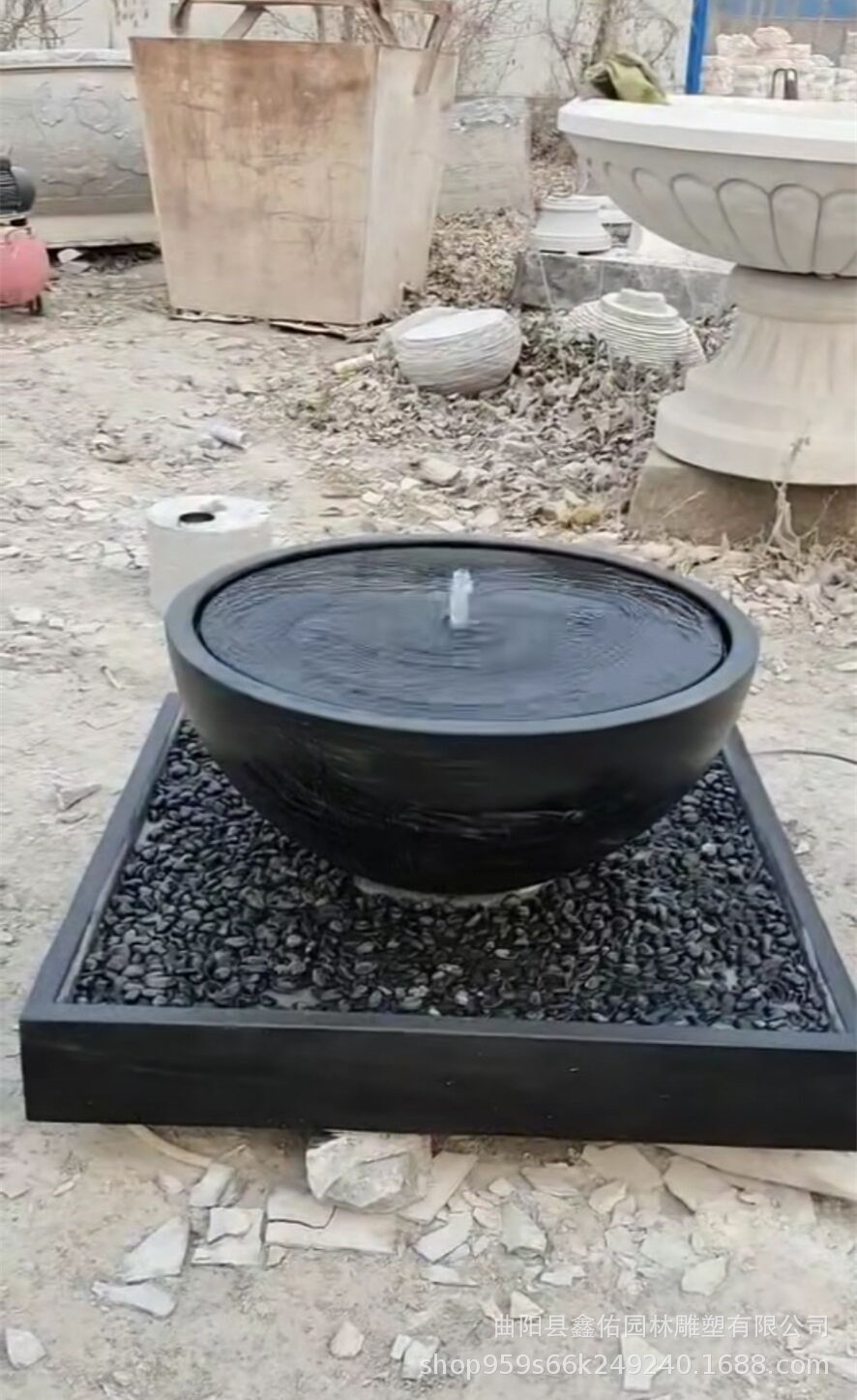 日式涌泉石雕水景石盆小品大理石涌泉流水钵户外庭院喷泉流水摆件