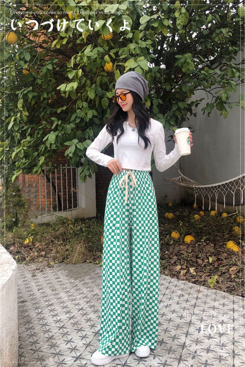 Chessboard Plaid Pants Women's Summer Thin 2023 New High Waist Slimming Draping Casual Wide Leg Pants Air Conditioning Cool Pants