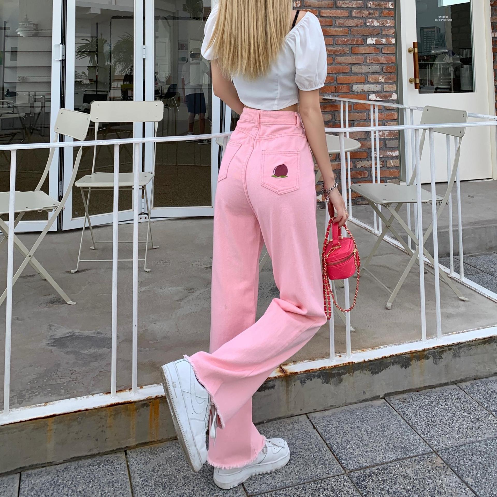 Korean Style Spring and Summer New Women's Soft Girl Embroidered Pink Wide Leg Jeans High Waist Figure Flattering Straight-Leg Pants Frayed Edges