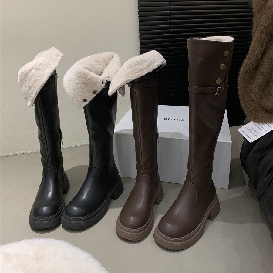 粗跟法式复古过膝长靴女冬季加绒2024年新款可翻折两穿高筒骑士靴