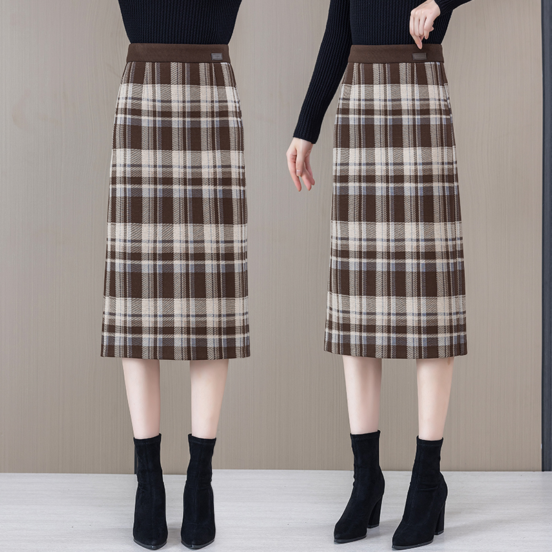 羊绒格子半身裙女2024秋冬季新款高腰中长款一步开叉毛呢包臀裙子