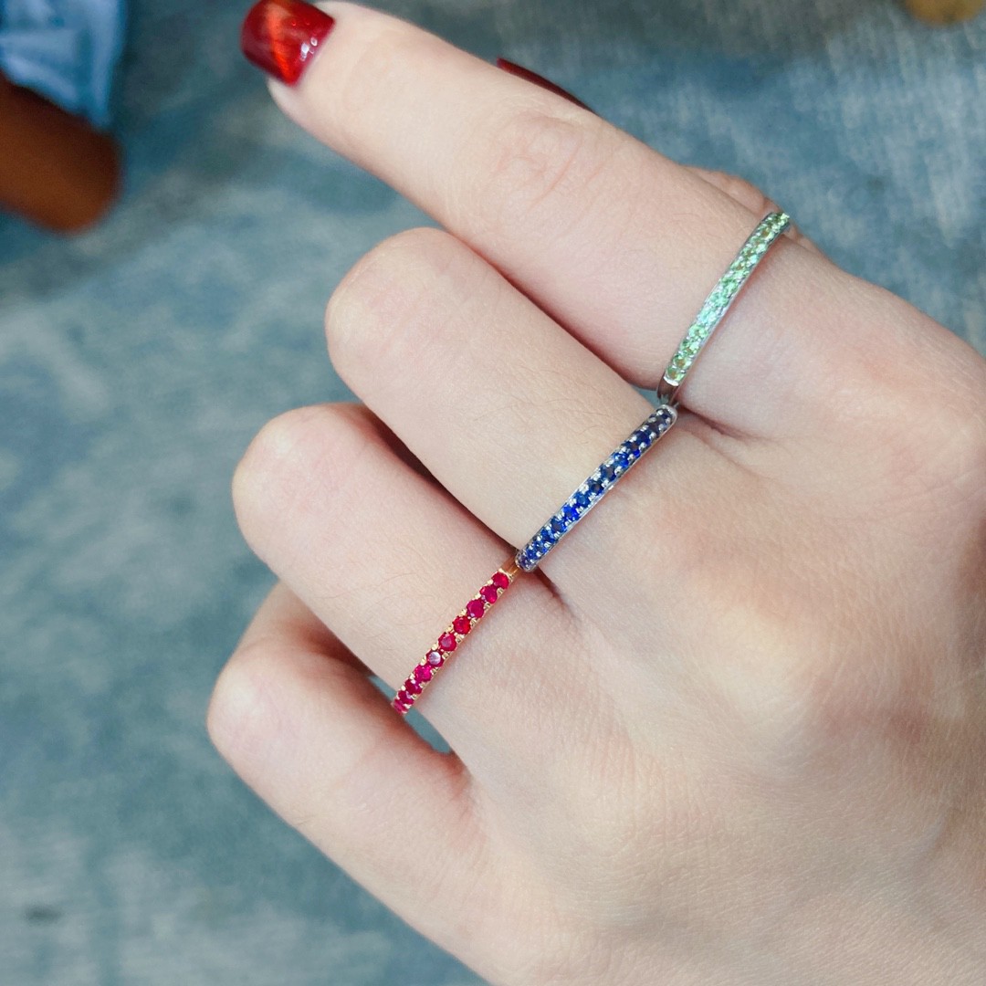 18k金彩宝排戒 au750玫瑰金天然红宝石蓝宝石沙弗莱戒指宝石25分