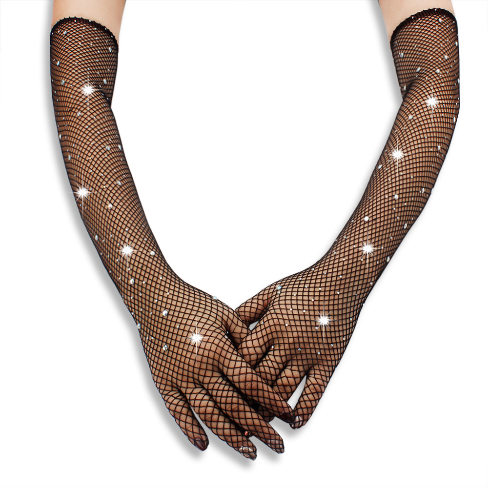 欧美烫钻闪亮网眼蹦迪性感渔网格黑色弹力彩钻手套万圣节狂欢手套