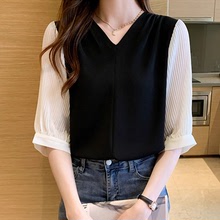 短袖衬衫女设计感小众2024新款夏季韩版气质V领雪纺衫上