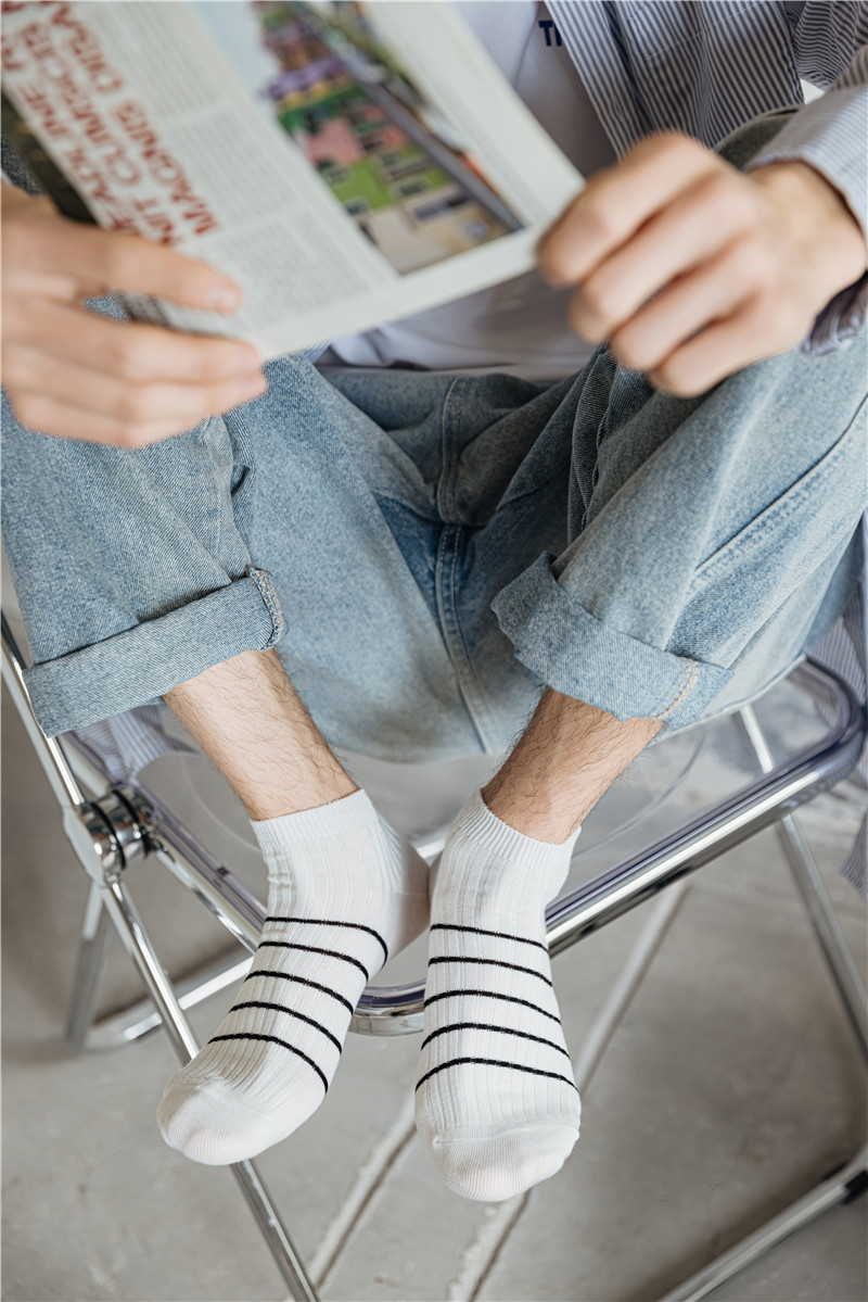 白色低帮浅口短筒袜子男夏季薄款条纹ins潮短袜黑色男士运动船袜