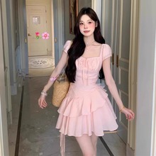 法式绝美漂亮粉色连衣裙子女装2025夏季新款小个子海边不规则短裙