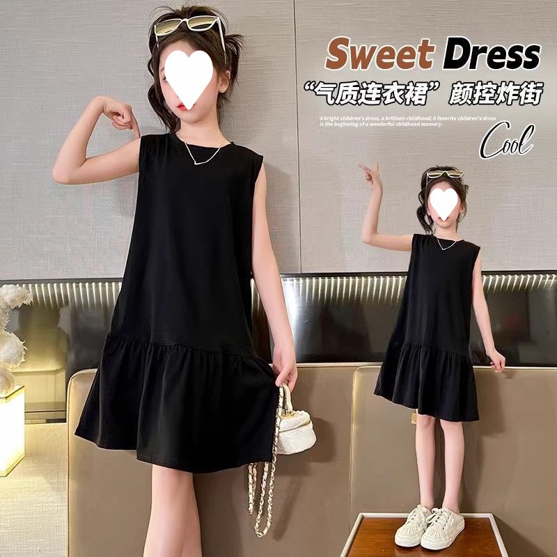 女孩儿童纯色背心裙女大童洋气无袖裙休闲网红韩版裙中大童连衣裙