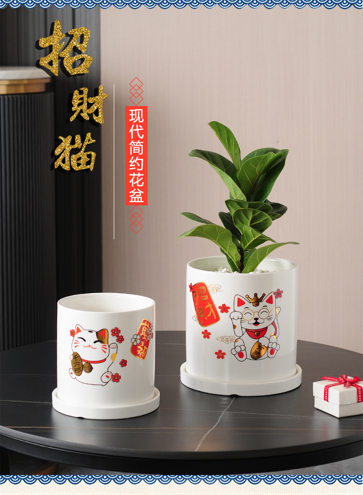 简约白色招财猫吉祥如意直筒圆柱形带托盘多肉蝴蝶兰专用陶瓷花盆