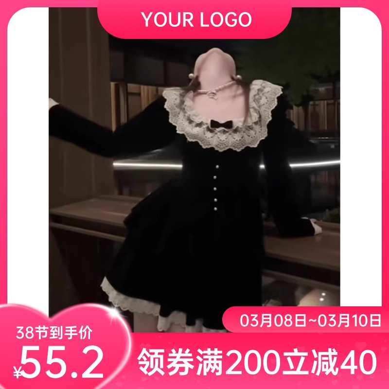 法式黑色丝绒连衣裙女秋冬季高级感气质蓬蓬公主裙小