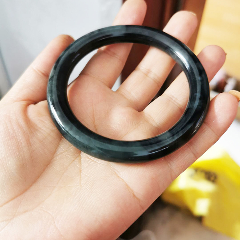 然和田玉青墨玉手镯 女款精圆条玉镯 黑青玉玉石手镯玉器工艺品