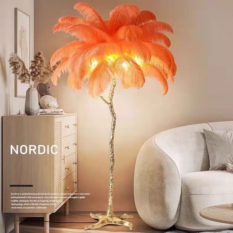Internet Celebrity American Living Room Floor Lamp Nordic Modern Bedroom Ostrich Feather Lamp Light Luxury Design Sense Vertical Floor Lamp