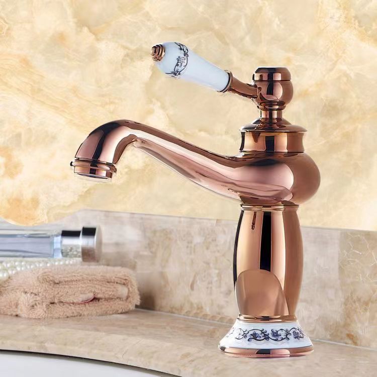 Factory Price Wholesale European Antique Copper Body Rose Gold Titanium Jade Magic Lamp Basin Hot and Cold Faucet One Piece Dropshipping Water Tap