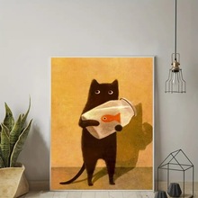 猫与金鱼抽象无框画现代玄关油画小众艺术猫咪挂画沙发客厅装饰画