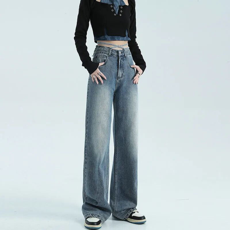 Retro Wide Leg Jeans for Women  Autumn New Rope Belt Loose Slim Fit High Street Wide-Leg Straight Trousers