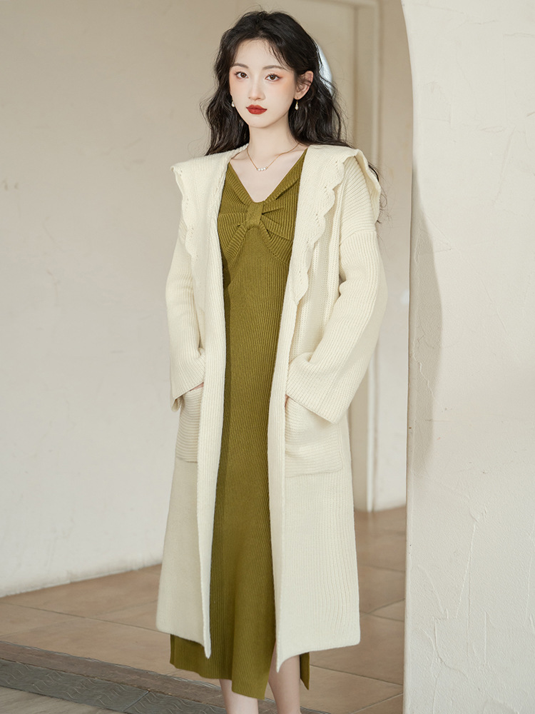 实拍 秋冬毛衣外套女宽松慵懒风中长款针织大衣修身针织连衣裙