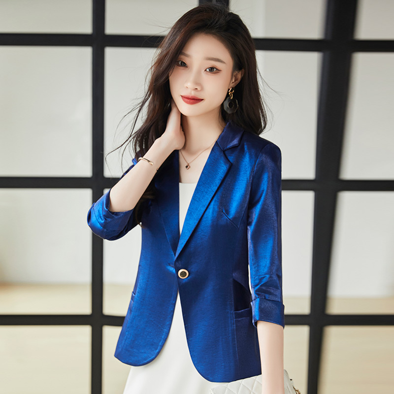 小西装外套女夏季薄款醋酸缎面丝绸女神范中袖西服套装上衣宝蓝色