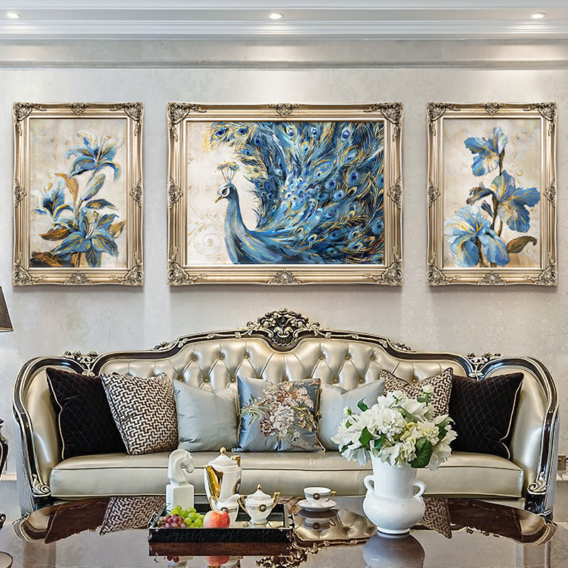 欧式客厅沙发背景墙手绘装饰画孔雀挂画美式餐厅墙壁画大气三联画