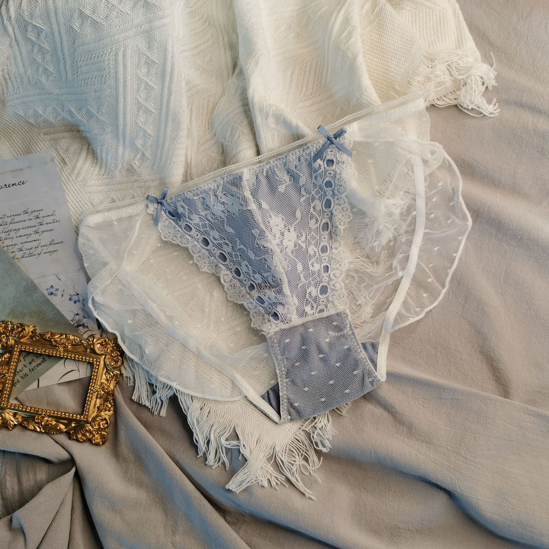法式复古女士内裤宫廷风可爱甜美蝴蝶结唯美蕾丝波点网纱三角裤
