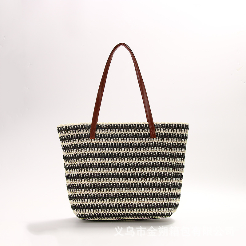 Cross-Border Hot New Fresh Simple Personalized Colorful Striped Woven Bag Beach Bag Shopping Bag Mummy Bag