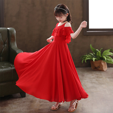 女童雪纺沙滩裙夏天小女孩飘逸裙子中大童新款时尚公主裙红色韩版