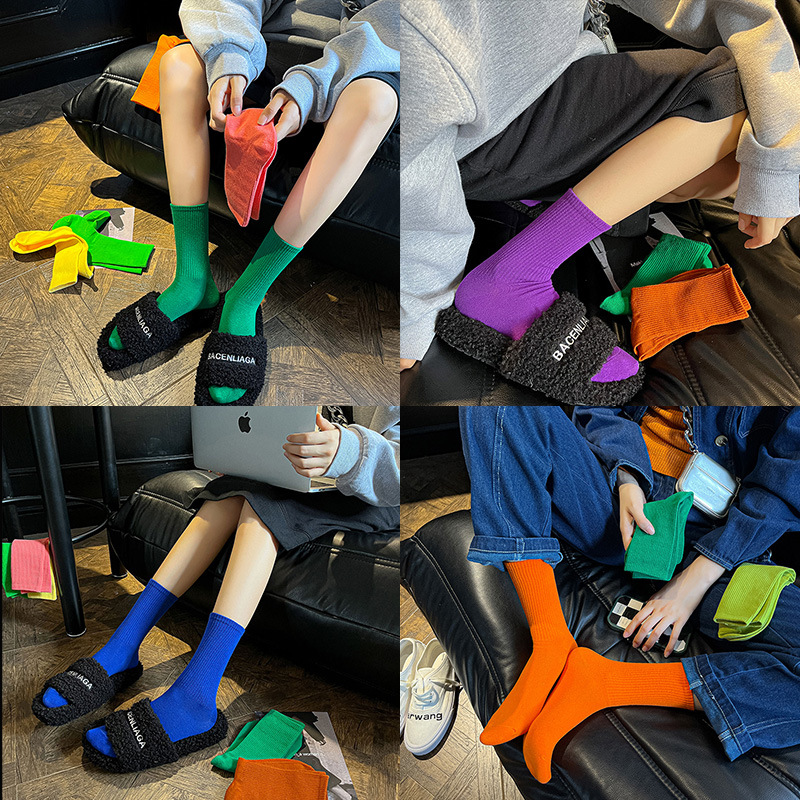 Colorful Socks for Women Tube Socks Ins Trendy Spring and Autumn Thin Candy Color Autumn and Winter Cotton Rose Red Solid Color Stockings