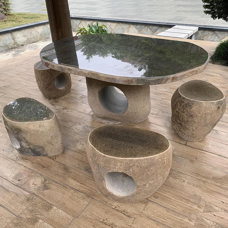 鹅卵石石桌石凳庭院花园户外园林户外休闲圆桌石桌茶台石桌