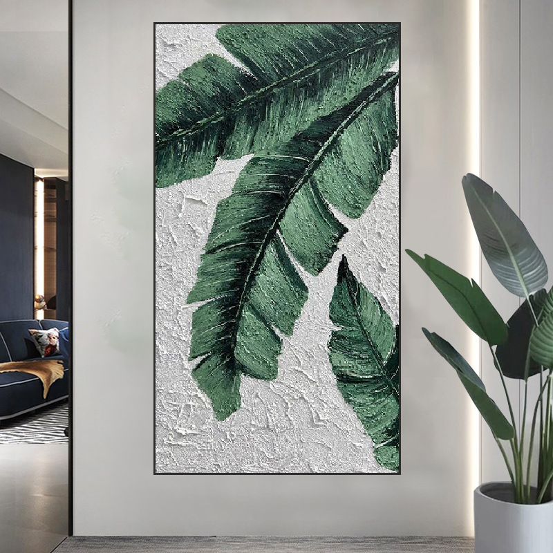 Hand-Painted Texture Painting Modern Minimalist Decorative Painting Living Room Light Luxury Hanging Painting Banana Leaf Green Vertical Leaf Oil Painting