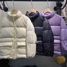 韩版森系立领菱形格羽绒服女2022冬新款宽松保暖小个子灯笼袖外套