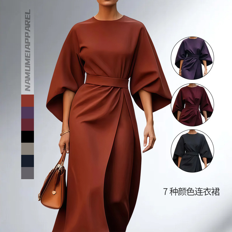 时尚绑带收腰纯色气质连衣裙2025欧美秋季新款秋季蝙蝠袖纯色长裙