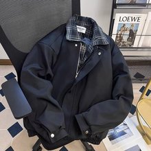 复古格纹拼接假两件外套男女春秋新款棒球服夹克翻领上衣服潮男装