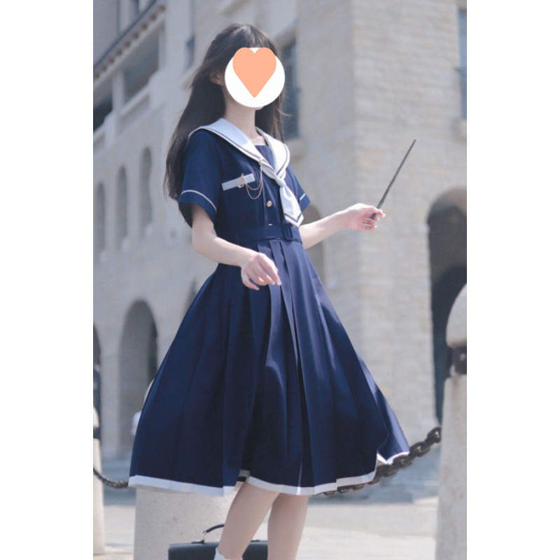 日系jk制服学院风甜美显瘦绀色银灰色学生水手服连衣裙盛夏亚马逊