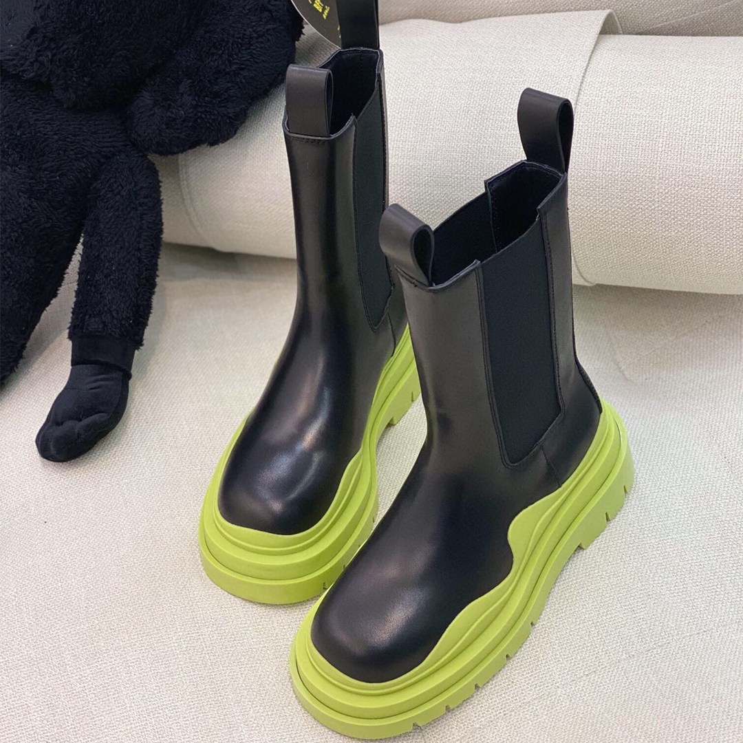 2021早春新款真皮bv女靴抹茶绿波浪底英伦高筒靴欧美高筒靴女靴