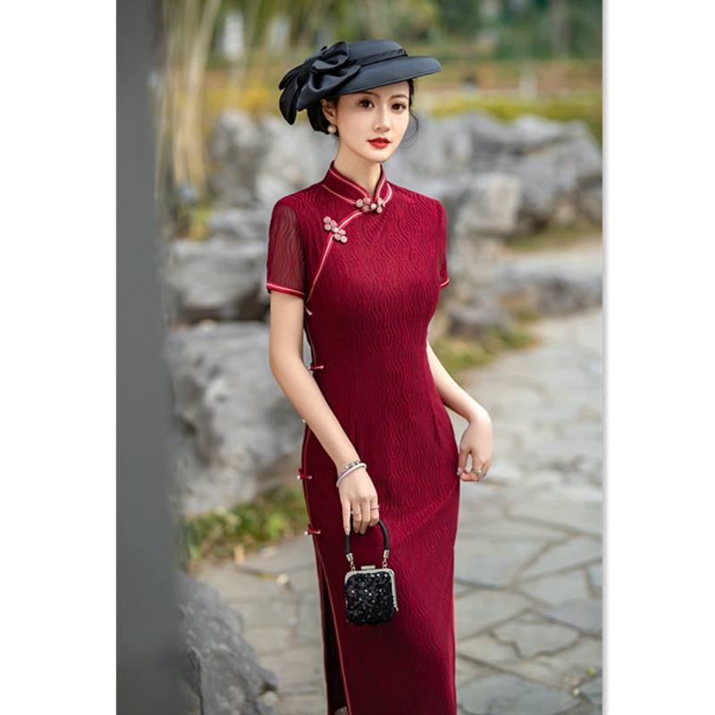老上海复古国风长款弹力蕾丝短袖旗袍2024夏季新款中老年女士旗袍