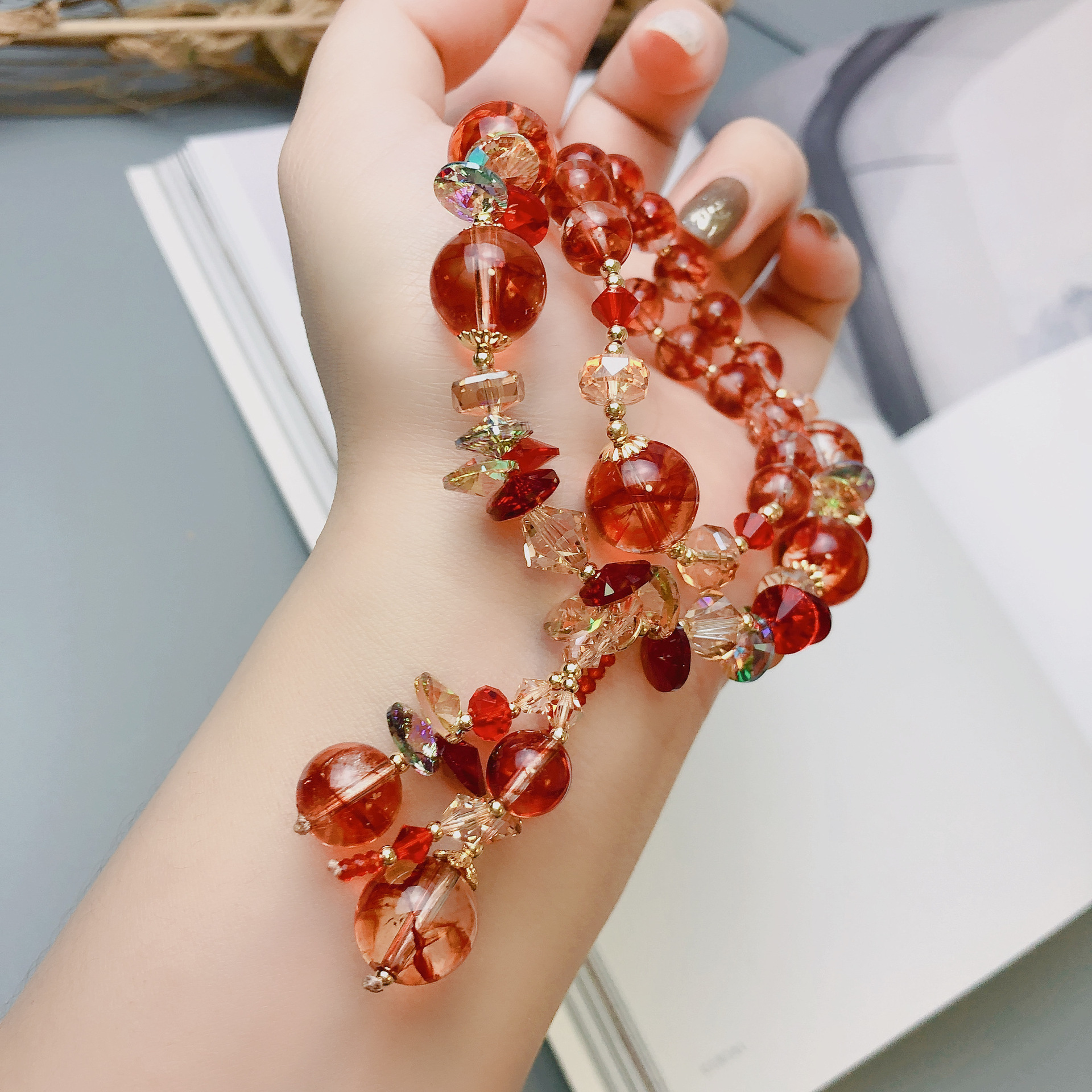 茶晶凤羽幽灵金发晶手链两圈奥地利水晶手串手工串珠饰品配饰首饰