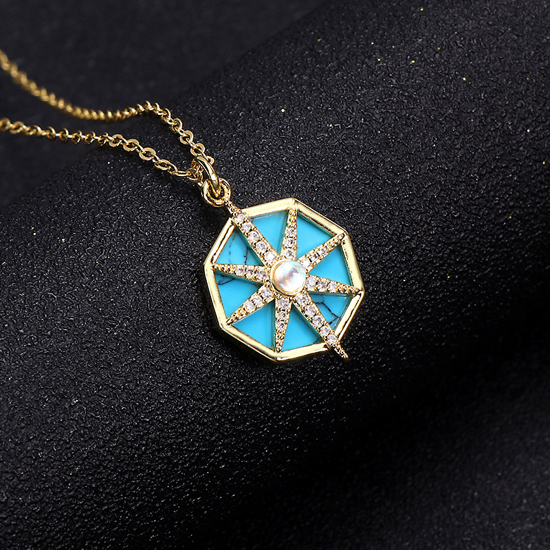 欧美八芒星罗盘造型项链女时尚经典镶嵌白贝母黑玛瑙吊坠锁骨链