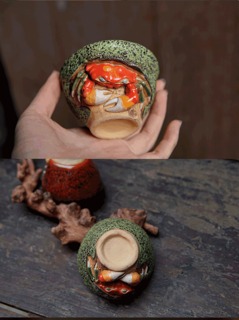 包邮手工志野烧螃蟹茶杯陶瓷茶杯 可养开片主人杯品茗杯 功夫茶具