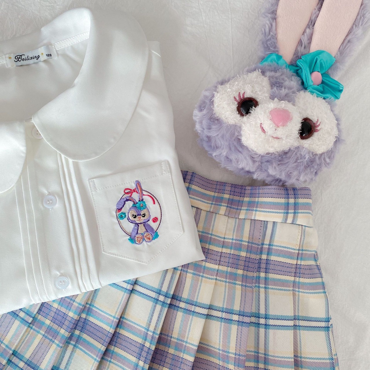 诗源童装 女童中大童星黛露jk白衬衫格子百褶裙套装