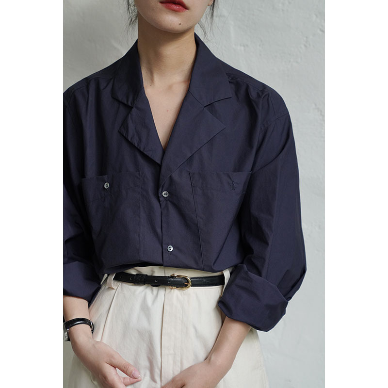 2021年棉单宁色古巴领外套式宽松衬衫女复古开衫上衣女气质秋季新