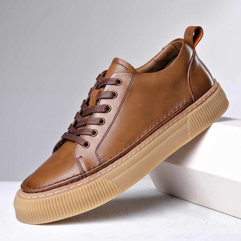 2021男士潮流板鞋秋季运动休闲男鞋二层皮系带圆头平底低帮鞋