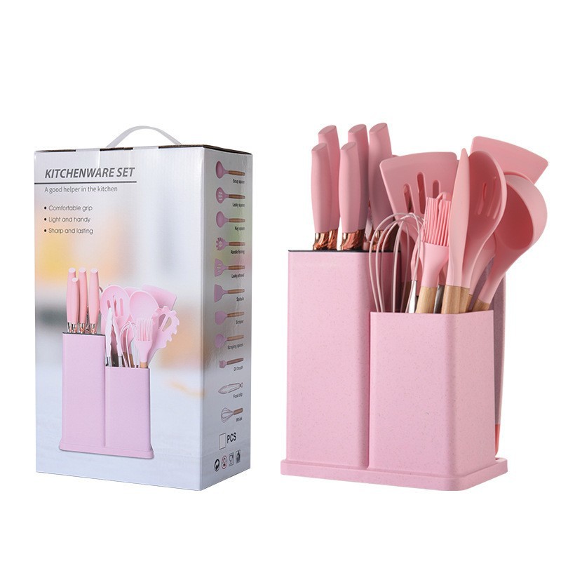 Hz415 Silicone Kitchenware Set 17-Piece 19-Piece Knife Combination Set Storage Bucket Wooden Handle Kitchenware Color Knife