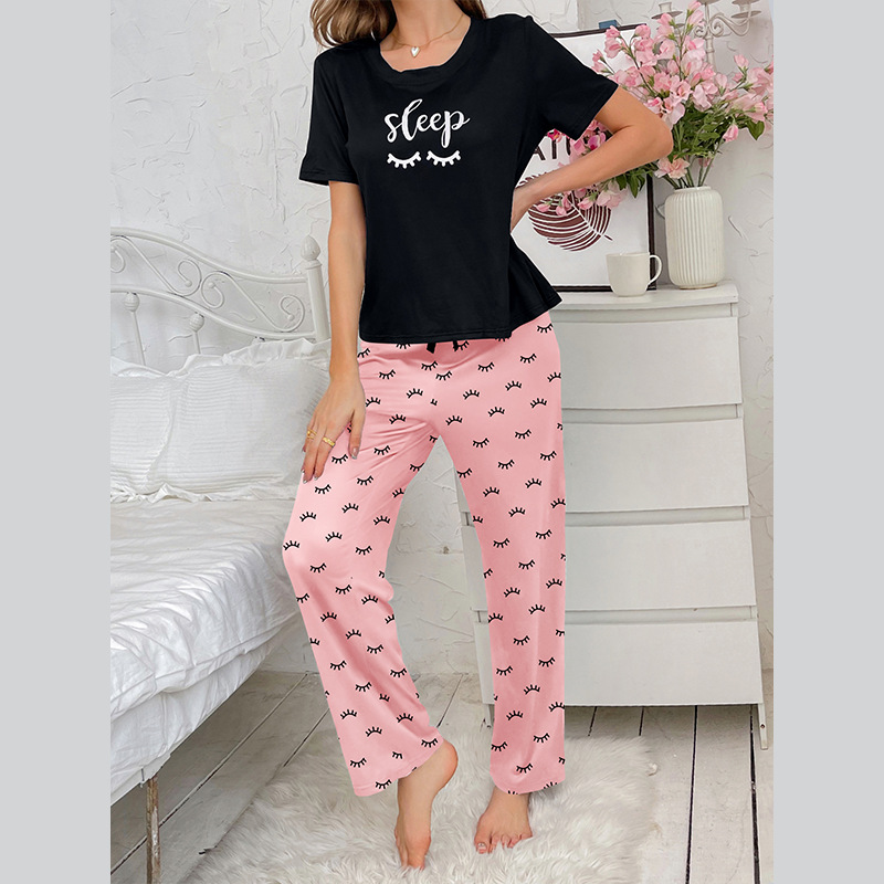 Cross-Border European and American Ladies Homewear Milk Silk over Printed Letters Short-Sleeved Trousers Women's Pajama Suit Foreign Order Wholesale