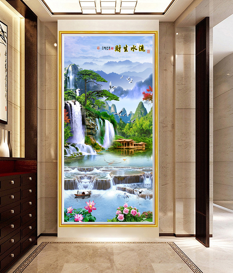 批发玄关自粘装饰画墙贴画过道走廊竖版山水贴画风景墙纸防水中式