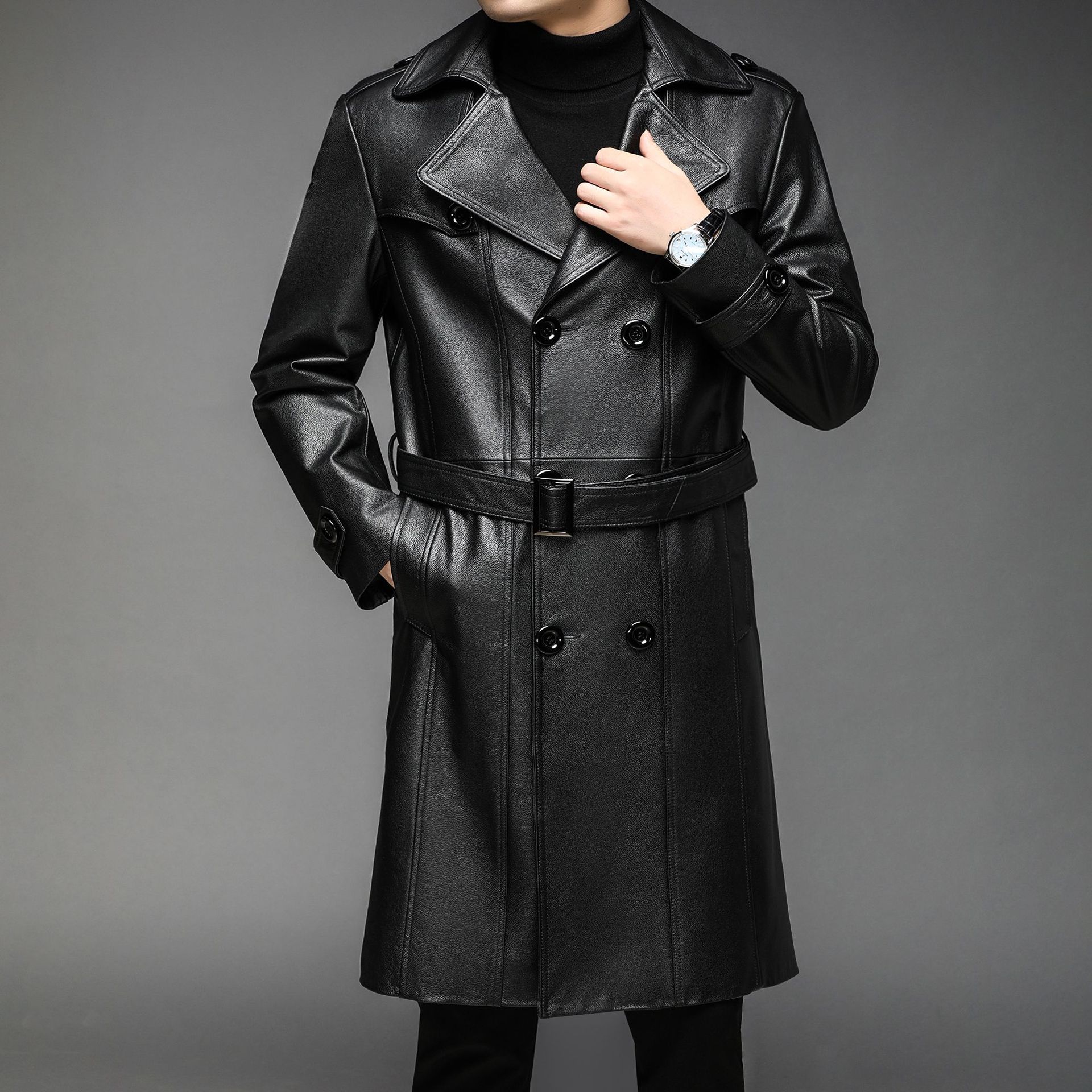 0成交0件海宁真皮皮衣男头层黄牛皮真皮风衣男中长款皮衣牛皮外套源头