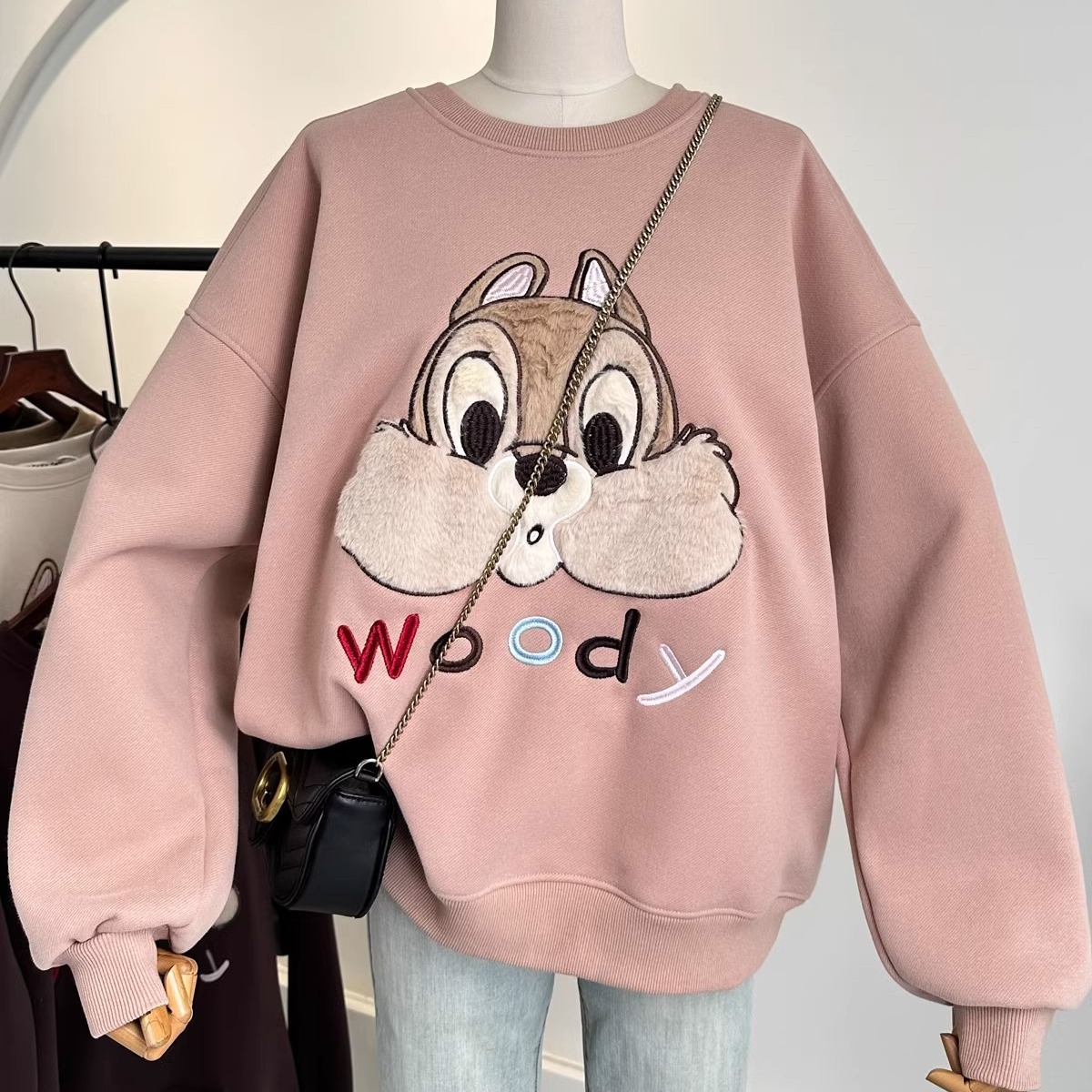 2024新款韩国加绒加厚卫衣女冬季卡通动漫松鼠刺绣长袖圆领卫衣女