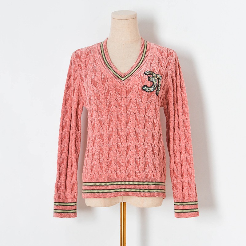 s221011秋冬新款纽绳麻花亮片数字v领长袖针织毛衣女式-阿里巴巴
