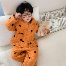 新款儿童橘熊印睡衣冬季加厚款小孩纯棉加绒三层夹棉印花男女宝宝