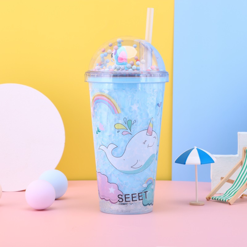 New Creative Cartoon Cute Crushed Ice Cup Narwhal Student Portable Plastic Cup Internet Celebrity Summer Cup with Straw Wholesale