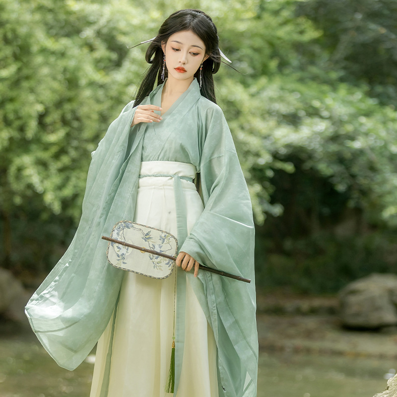 原创魏晋风汉服女印花交领上衣广袖素雅中国风八破裙日常穿春夏